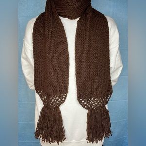 UNISEX Brown Crochet Knitted Scarf with Fringe; Multiple Sizes